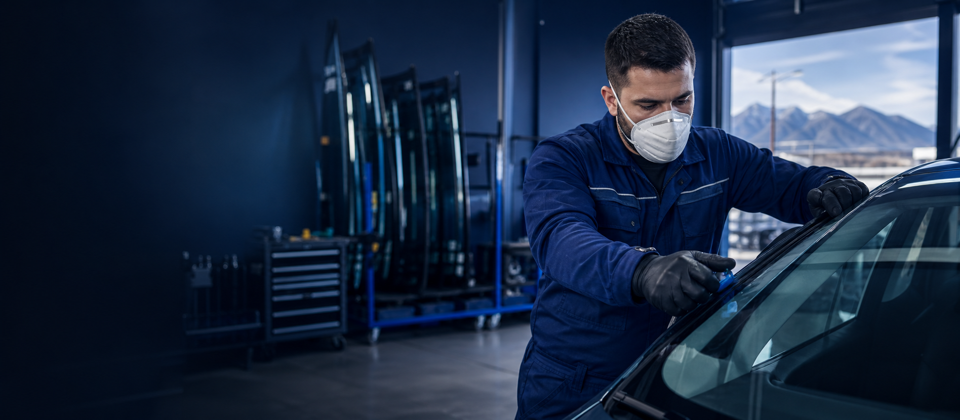 Técnico especialista instalando un parabrisas en taller automotriz
